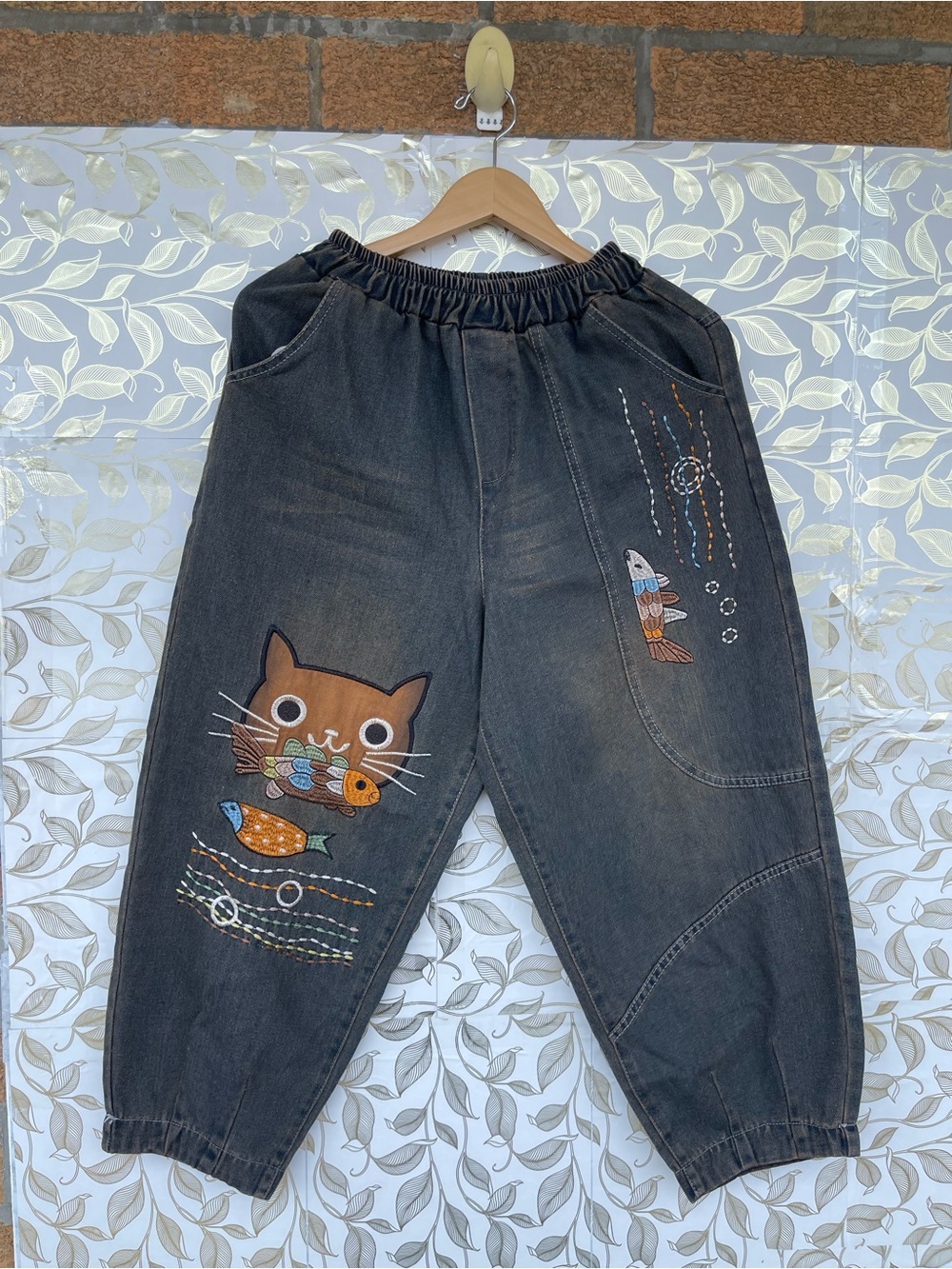 Bohemian Cat Fish Embroidery Linen Jogger Pants Antique Brown Small S - Picture 3 of 7